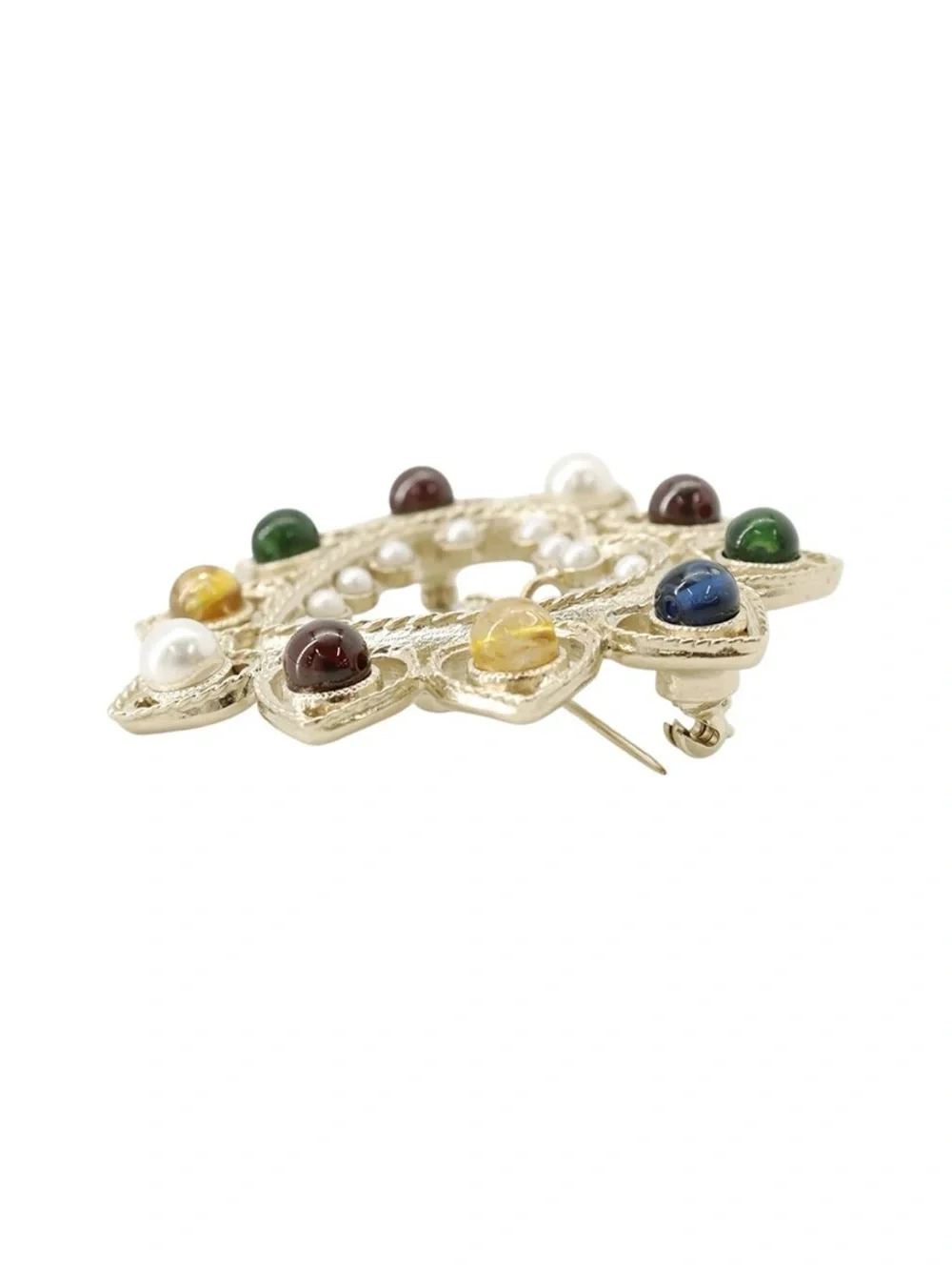 CHANEL CC Logo Color Stone Brooch Champagne Gold Plated